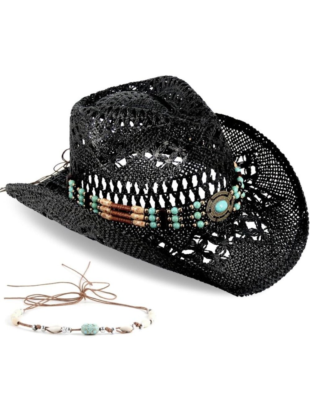 Men's Black-turquoise Pull-On Straw Two Decorative Band Cowboy Cowgirl Hat